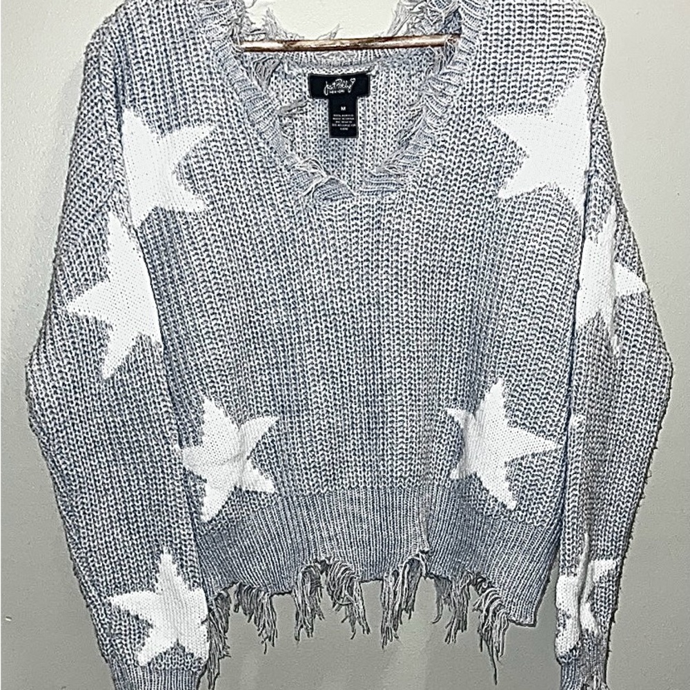 Just Polly distressed gray sweater with White Stars